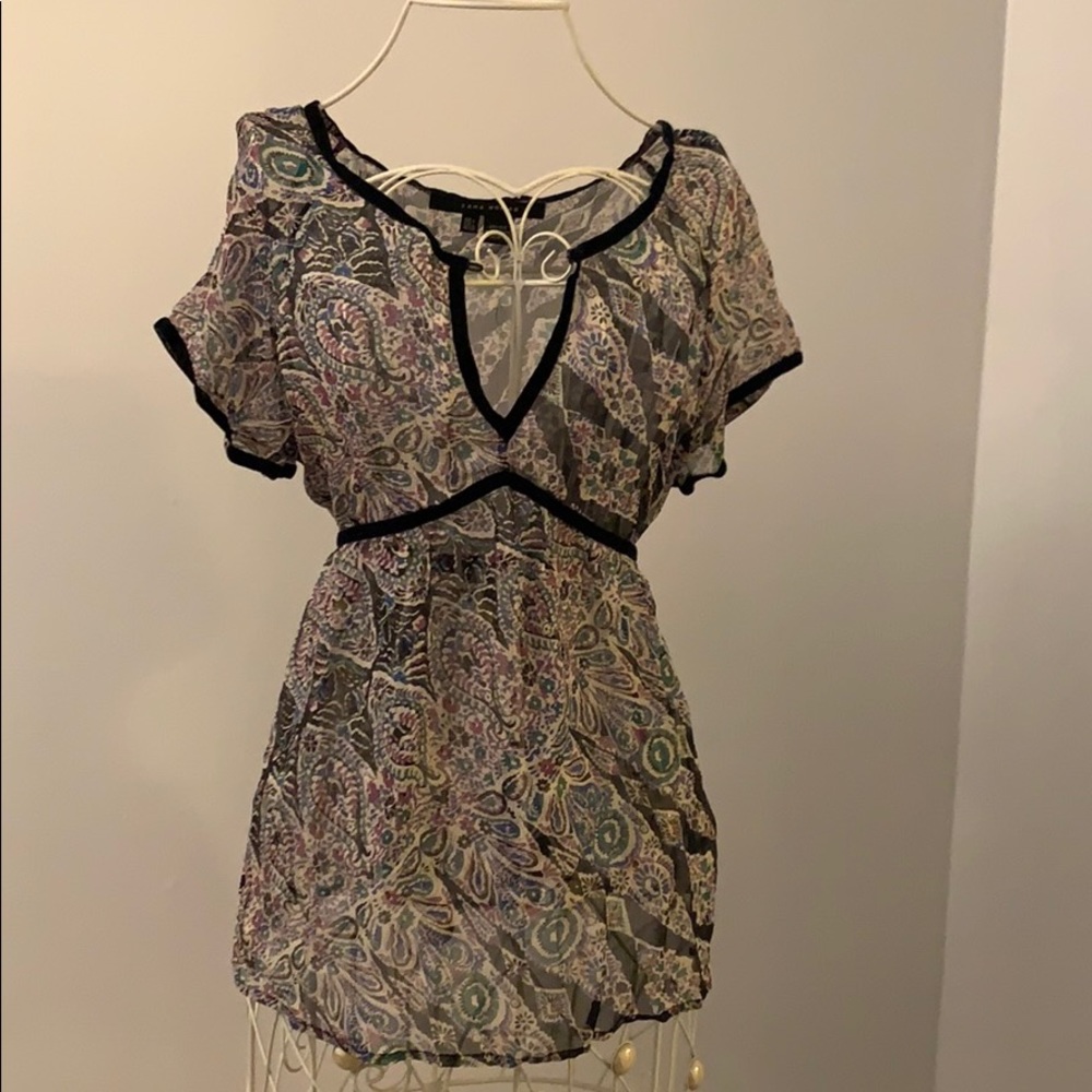 ZARA 100% SILK Paisley Blouse with Velvet Trim